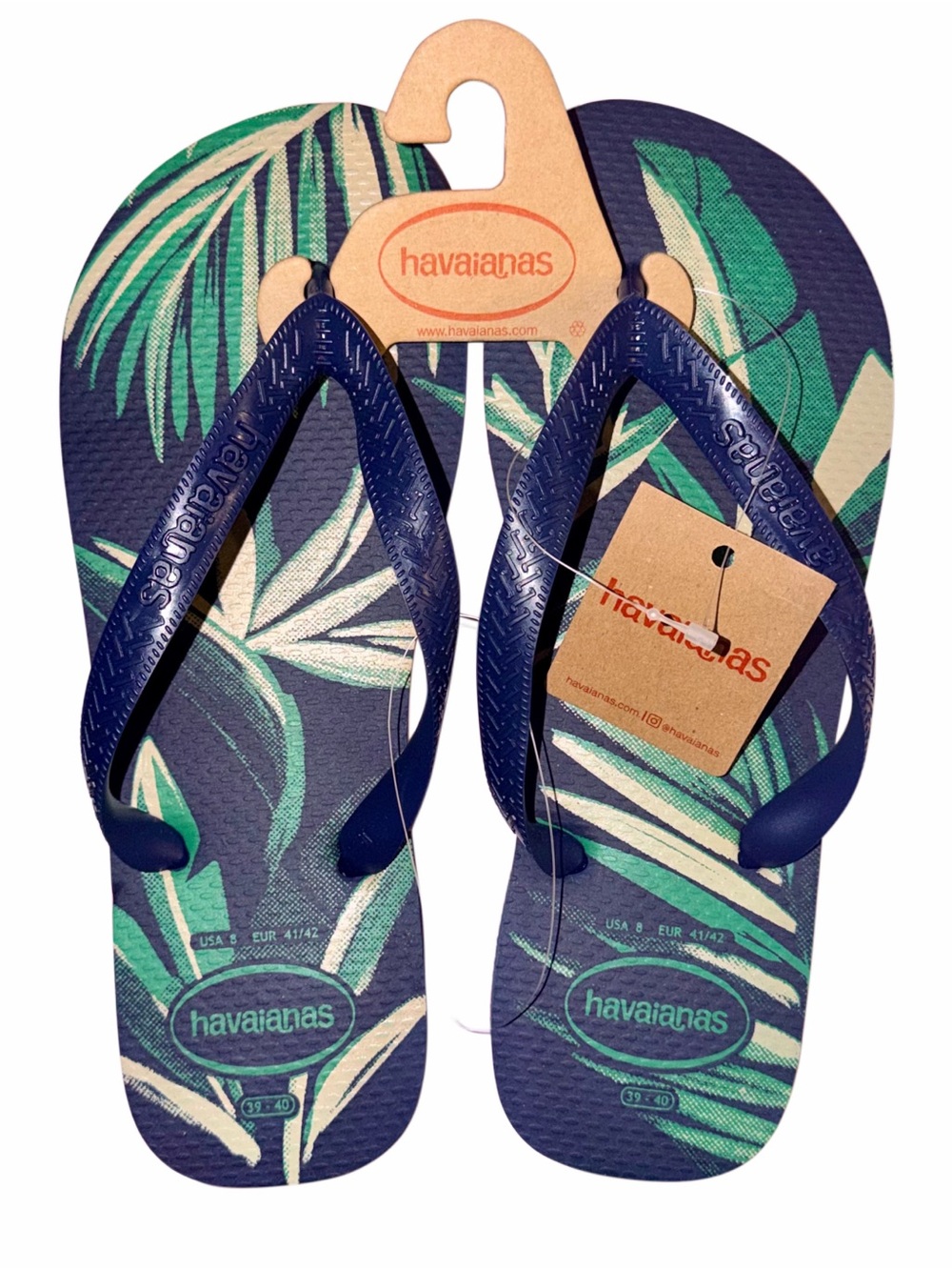 Havaianas Navy Blue & Green Top Aloha Flip Flops Thong Sandals Women’s Size 9